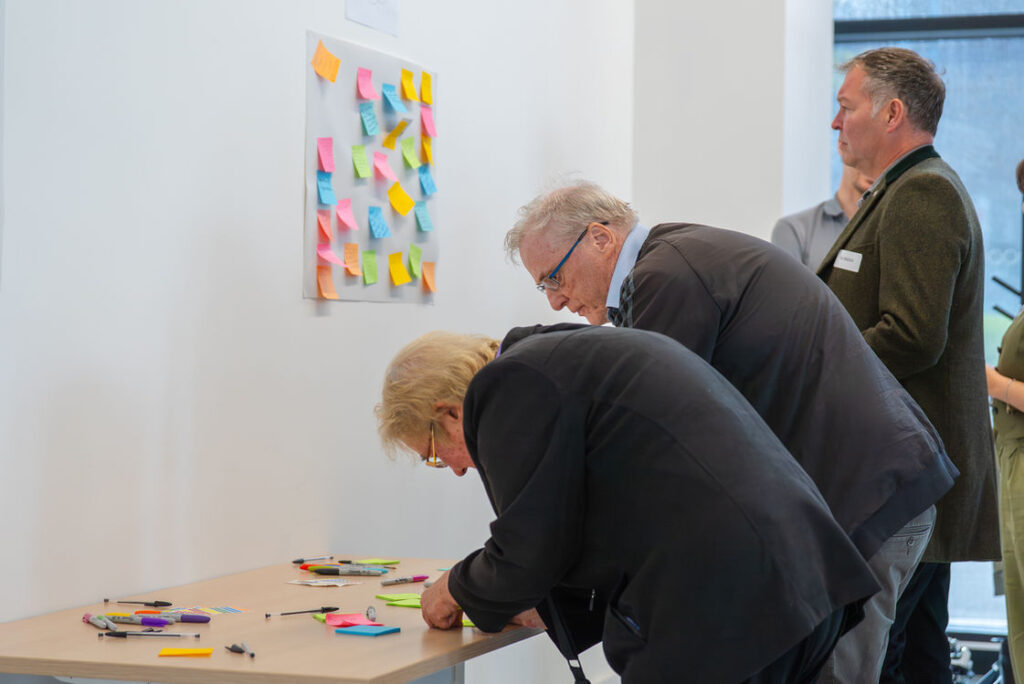 Participants working at a sticky-note workshop board